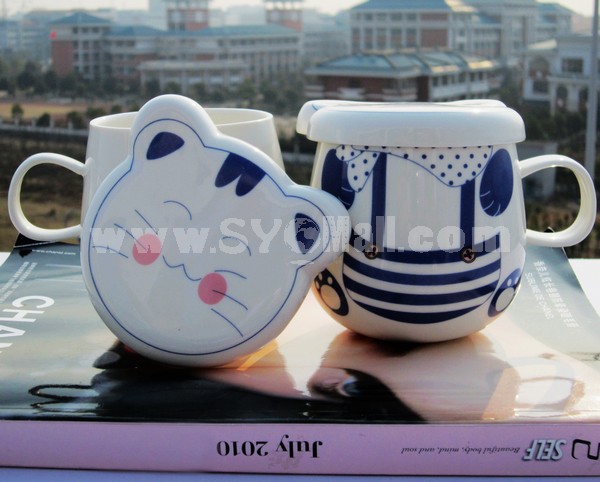 Cute Cartoon Animal Ceramic Coffee Cup Mug with Lid